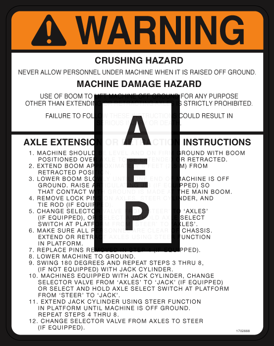 JLG 1702888 Decal Warning Axle Ext Ret