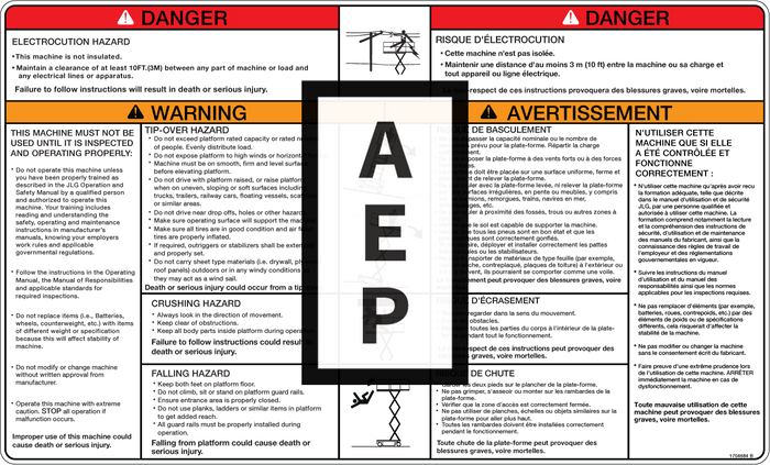 JLG 1704684 Decal Danger Warningeng Fre