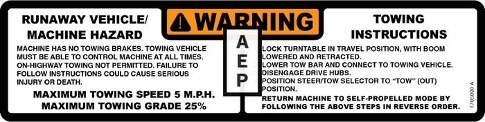 JLG 1705090 Decal Towing Instruction