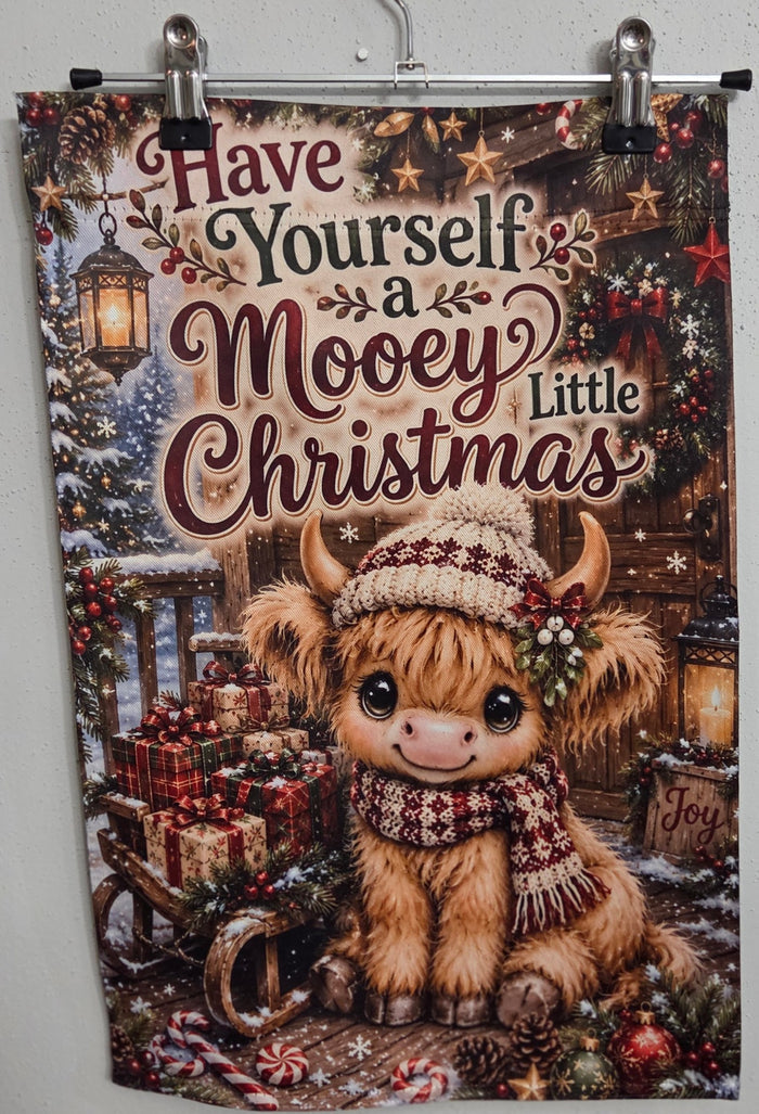 Actual 12 x 18 Highland cow Have Yourself a Mooey Little Christmas garden flag photo
