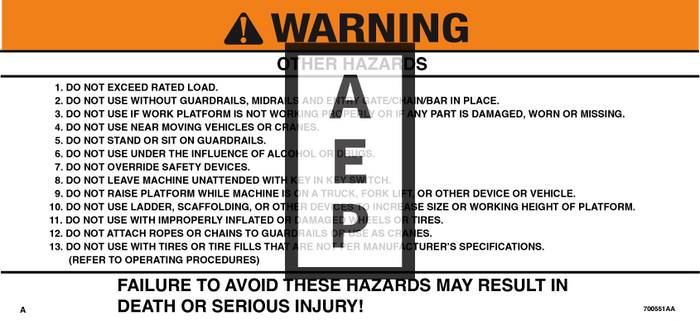 Skyjack 700551 Decal Warning Hazards