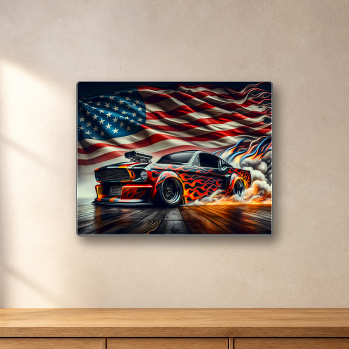 American Flag Sports Car aluminum sign in a room mockup