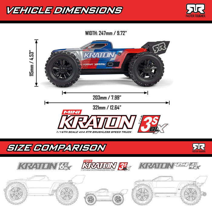 ARRMA 1/16 Mini Kraton 3S BLX - Front 3/4 view, Black/Red
