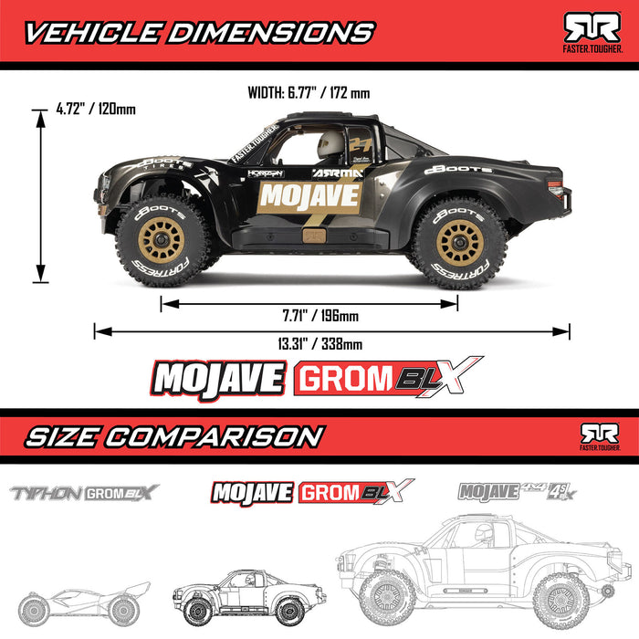 ARRMA MOJAVE GROM 223S BLX desert action shot - front three-quarter view