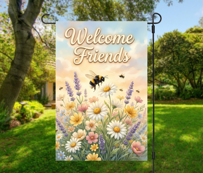 Bee Garden Flag – Welcome Friends Wildflower Daisy Garden Flag-12 × 18  (Single-Sided)