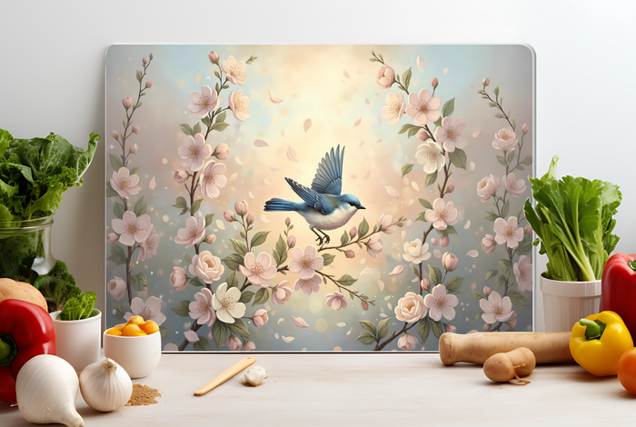 Bluebird and Cherry Blossoms Glass Cutting Board – Spring Garden Kitchen Decor