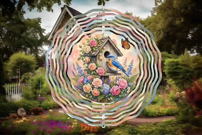 Bluebird Garden Cottage Wind Spinner – Birdhouse Garden Deco