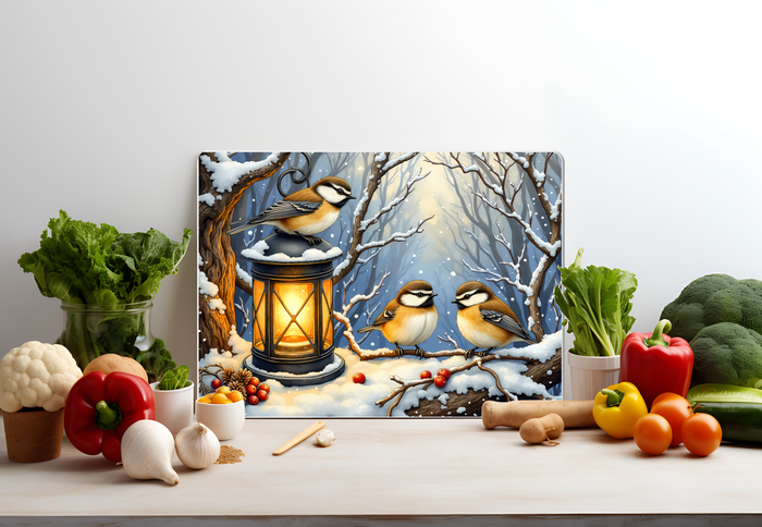 Chickadees by Lantern Winter Glass Cutting Board