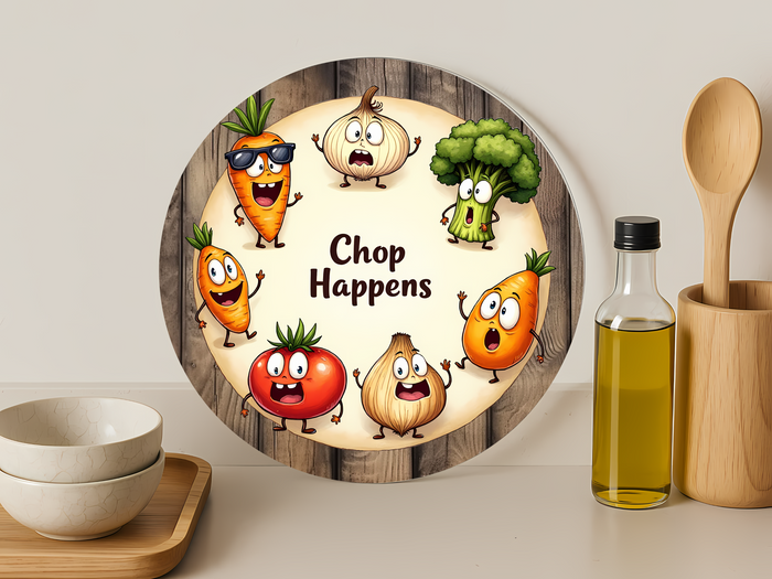 Chop Happens – Whimsical Kitchen Humor-Round Glass Cutting Board 12"