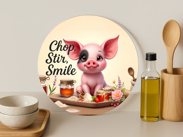 Chop, Stir, Smile Pig-Round Glass Cutting Board 12" (Copy)
