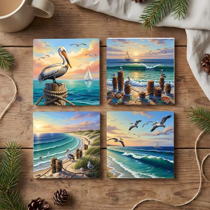 Coastal Pelican Seaside – Fine Art Ceramic Coasters