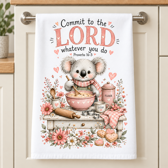 16 x 24 Christian kitchen towel with koala and Proverbs 16:3