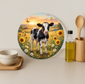 Dairy Cow Sunflower Field Round Glass Cutting Board-Round 12"