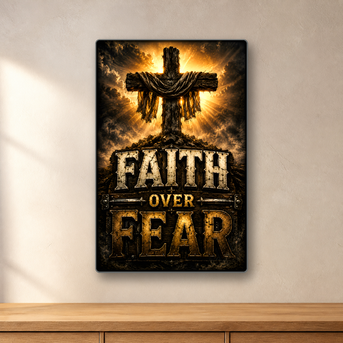 Faith Over Fear Eagle aluminum sign in a room mockup