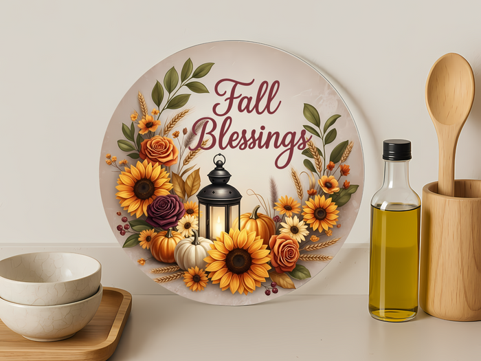 Fall Blessings Autumn Florals-Round Glass Cutting Board 12"