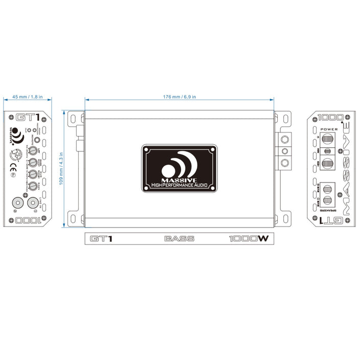 GT1 - 520 Watt RMS @ 1 Ohm Mono Block GT Series Amplifier With Bass Remote