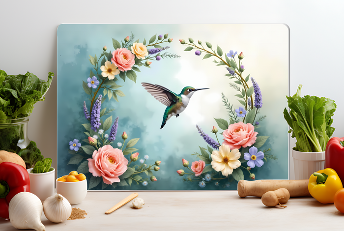 Hummingbird Floral Wreath Glass Cutting Board – Elegant Nature Kitchen Decor