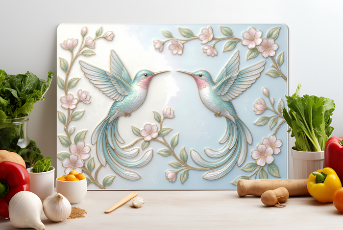 Hummingbird Pair Glass Cutting Board – Elegant Floral Bird Kitchen Decor