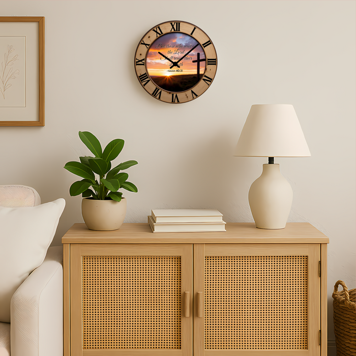 Isaiah 40:31 Scripture Wall Clock – 12″ Glass, Silent Sweep