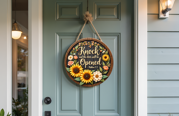 Knock and the Door Will Be Opened Door Round – Matthew 7:7 Christian Decor