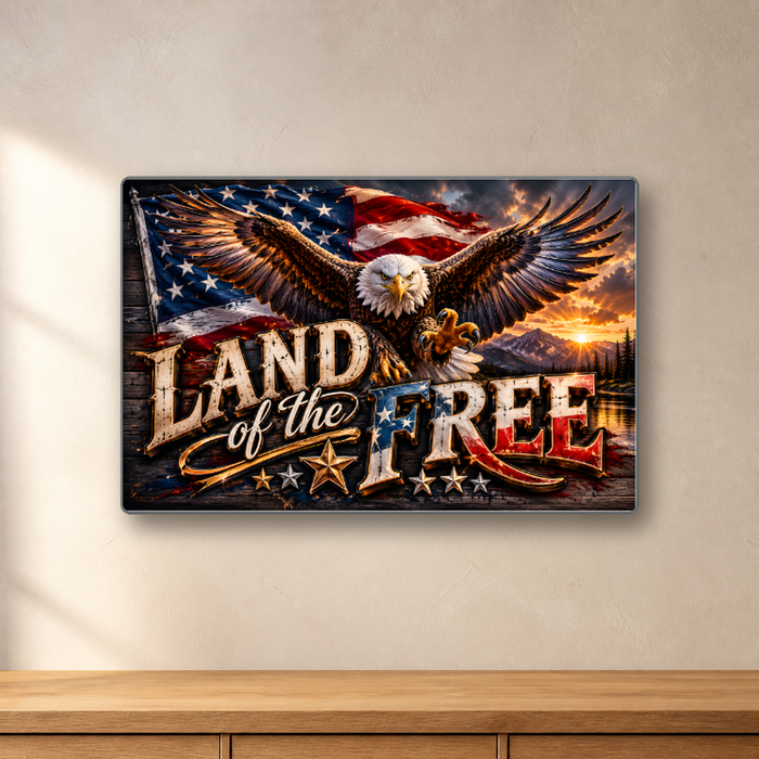 Land of the Free Eagle aluminum sign in a room mockup