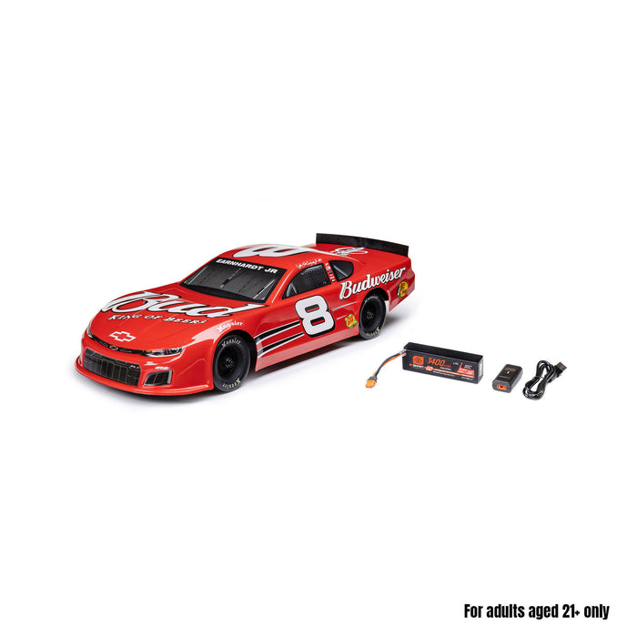 Losi 1/12 Asphalt Late Model Budweiser No. 8 – product shot with battery and charger