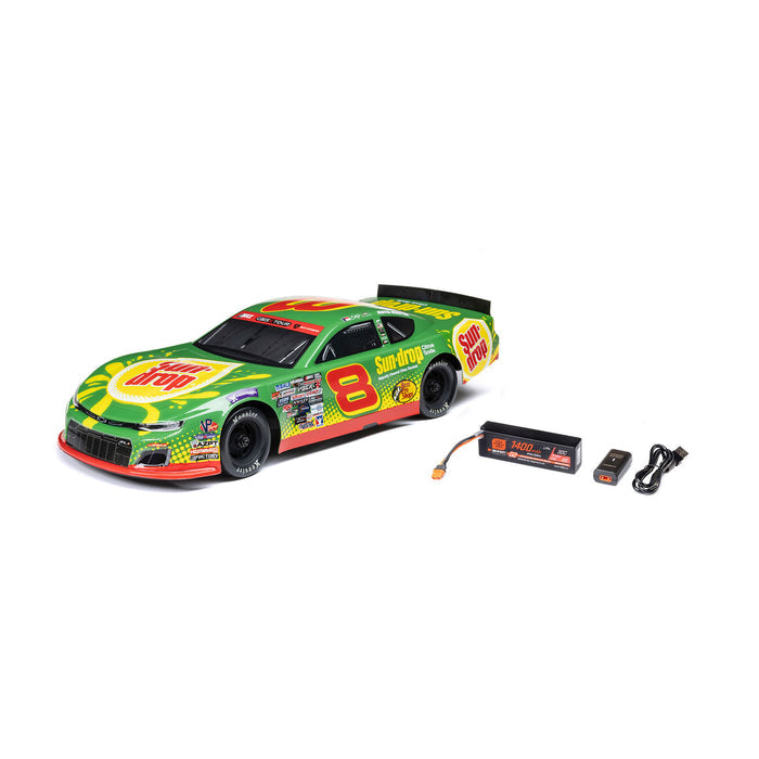 Losi 1/12 Asphalt Late Model Sun Drop No. 8 – product shot with battery and charger