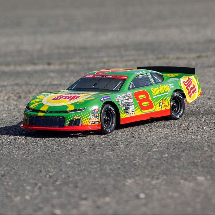 Losi 1/12 Asphalt Late Model Sun Drop No. 8 – outdoor action shot on asphalt
