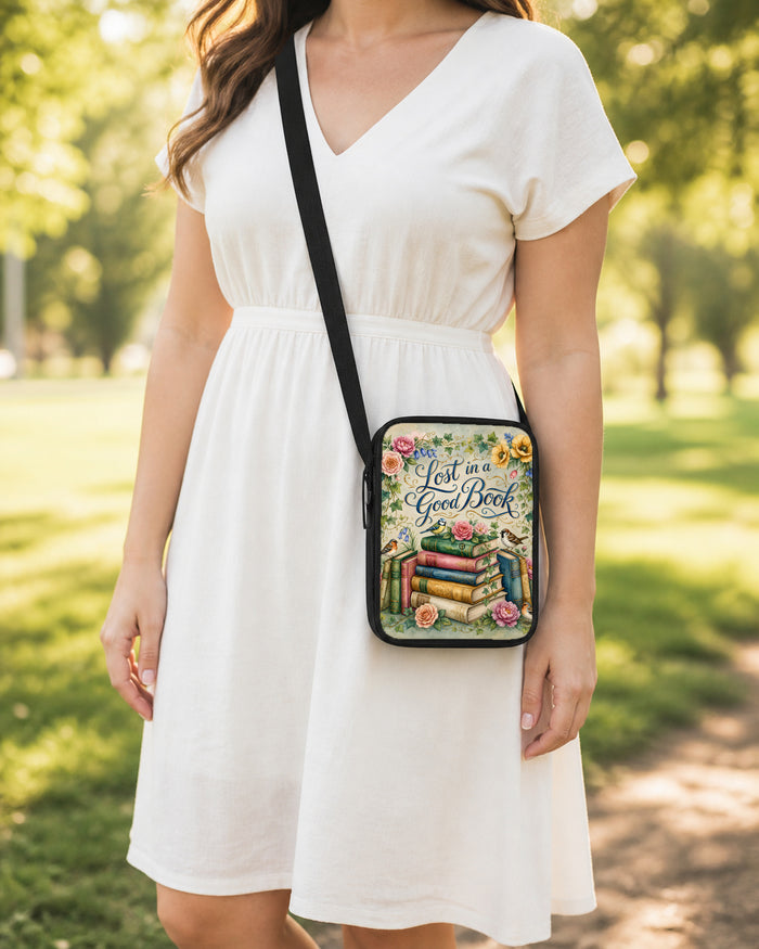 Lost in a Good Book Crossbody Purse shown worn as an over-the-shoulder purse