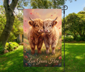 Love Grows Here Highland Cow – Romantic Farmhouse Spring Decor-12 × 18 Garden Flag (Single-Sided)