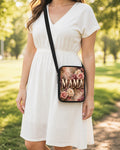 Mama Floral Crossbody Purse shown worn as an over-the-shoulder purse