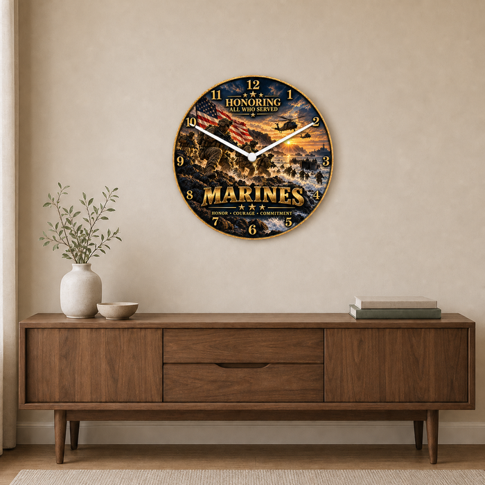 12 inch glass Marines tribute wall clock with service members helicopters American flag and Honoring All Who Served message