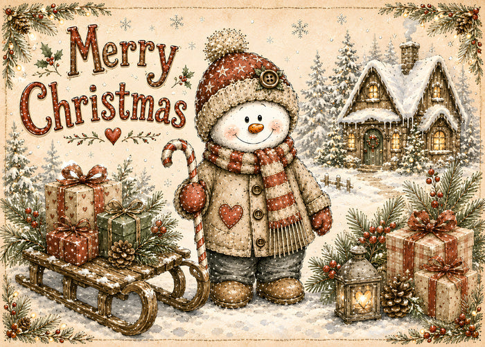 Merry Christmas snowman and snowy cottage glass cutting board design