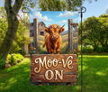 Moo-Ve On Garden Flag 12×18 – Highland Cow Farm Decor (Single-Sided)
