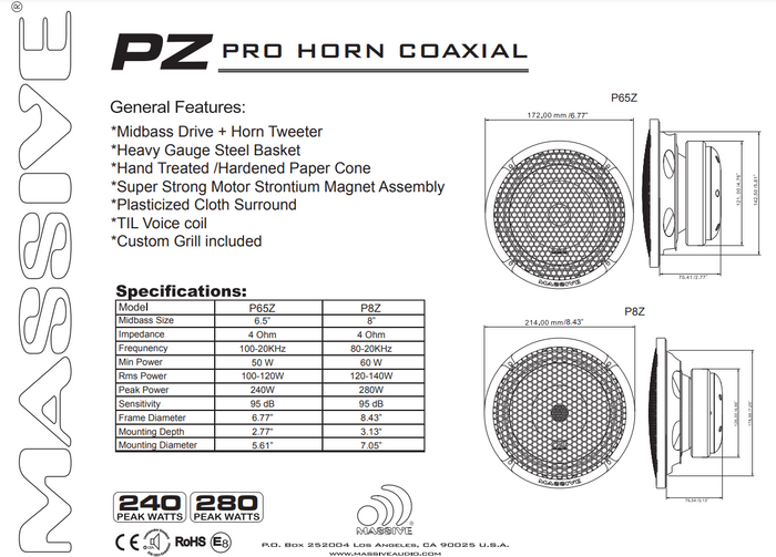 P65Z - 6.5" 4 Ohm Mid-Bass Pro Audio Coaxial Speaker With Grill - 120 Watts RMS (SOLD AS EACH)