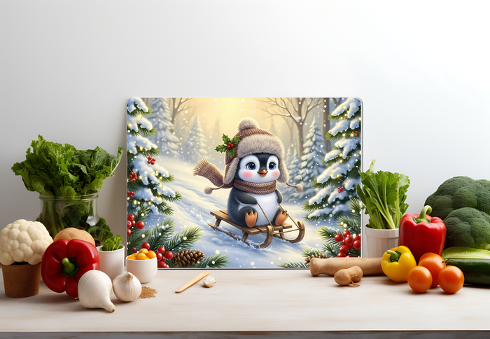 Penguin Sledding Winter Forest Glass Cutting Board