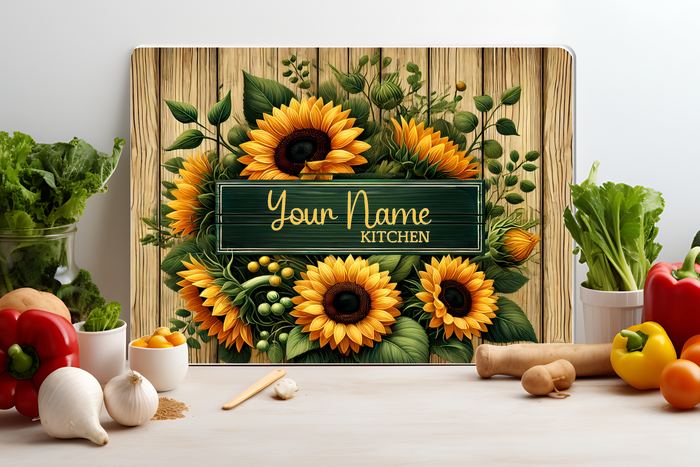 Personalized Sunflower Kitchen Glass Cutting Board – Custom Name Farmhouse Decor