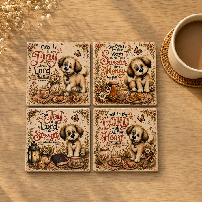 Set of four ceramic coasters with whimsical puppy Christian scripture designs