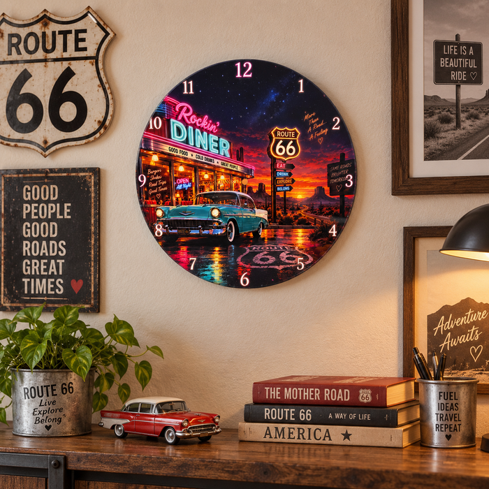 Route 66 neon-style diner 12 inch wall clock room mockup