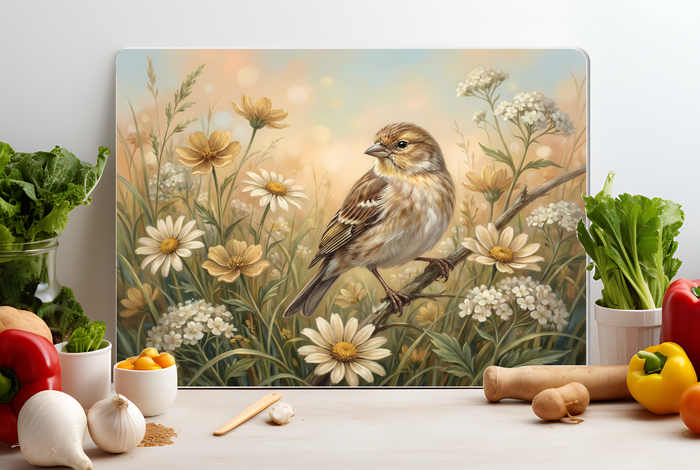 Songbird in Wildflowers Glass Cutting Board – Soft Cottage Kitchen Decor