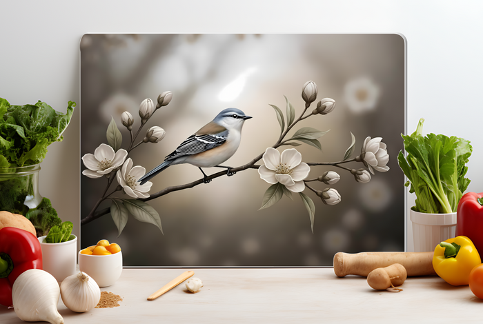 Songbird on Blossoming Branch Glass Cutting Board – Neutral Floral Kitchen Decor