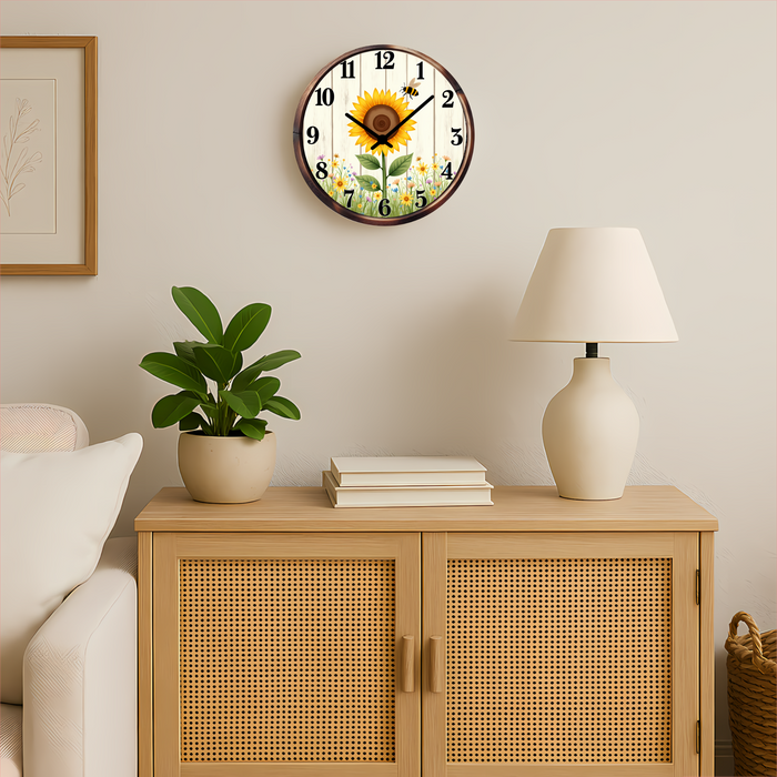 Sunflower Farmhouse Wall Clock – 12″ Glass, Silent Non-Ticking