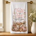 16 x 24 Christian kitchen towel with baking scene and Psalm 34:8