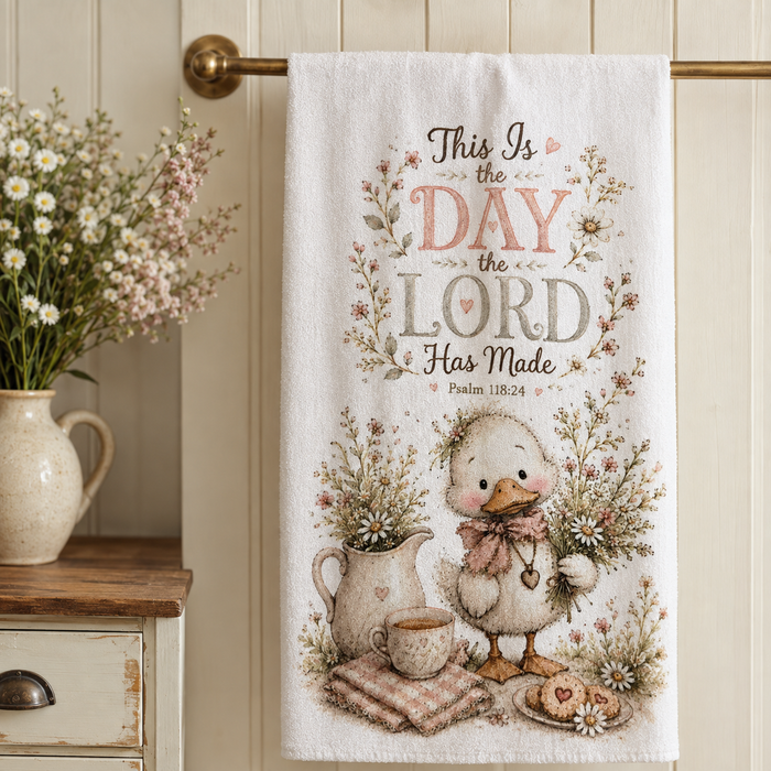 16 x 24 Christian kitchen towel with duck and Psalm 118:24