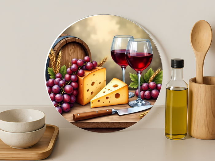 Vineyard Cheese & Wine Scene-Round Glass Cutting Board 12"
