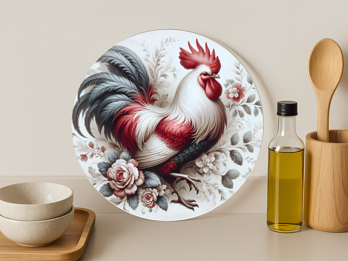 Vintage Rooster Floral-Round Glass Cutting Board 12" (Copy)