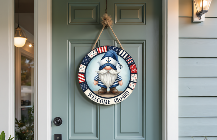 Welcome Aboard Nautical Door Hanger Round | Coastal Gnome Decor