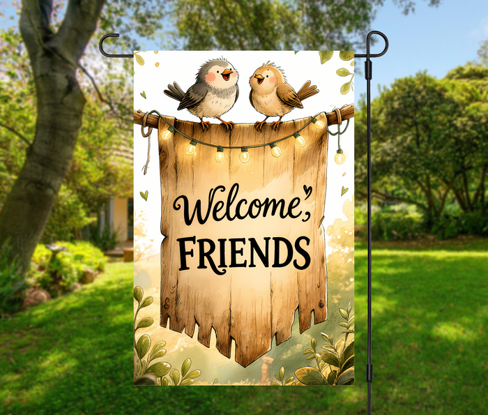 Welcome Friends Garden Flag 12×18 – Whimsical Birds (Single-Sided)