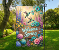Welcome Spring Hummingbirds & Wildflowers-12 × 18 Garden Flag (Single-Sided)