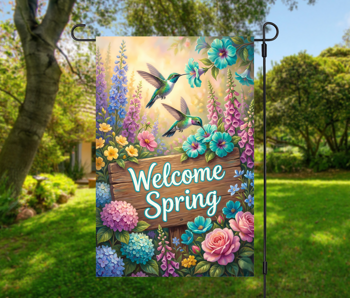 Welcome Spring Hummingbirds & Wildflowers-12 × 18 Garden Flag (Single-Sided)